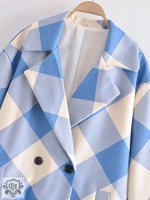 Blue Plaid Collared Loose Coat - QH Clothing