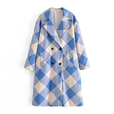 Blue Plaid Collared Loose Coat - QH Clothing