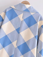 Blue Plaid Collared Loose Coat - QH Clothing