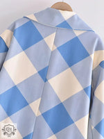 Blue Plaid Collared Loose Coat - QH Clothing