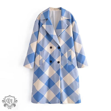 Blue Plaid Collared Loose Coat - QH Clothing