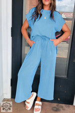 Blue Solid Corded Knit Short Sleeve T Shirt and Wide Leg Pants Set - Two Piece Sets/Pant Sets