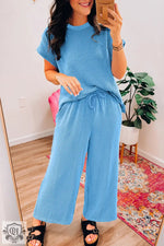 Blue Solid Corded Knit Short Sleeve T Shirt and Wide Leg Pants Set - Two Piece Sets/Pant Sets