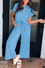 Blue Solid Corded Knit Short Sleeve T Shirt and Wide Leg Pants Set - Two Piece Sets/Pant Sets