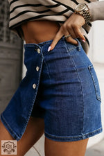 Bluing Asymmetric Wrapped Buttoned High Waist Denim Shorts - Bottoms/Denim Shorts