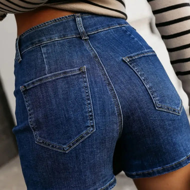 Bluing Asymmetric Wrapped Buttoned High Waist Denim Shorts - Bottoms/Denim Shorts