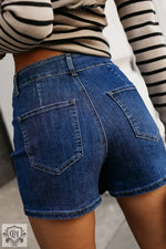 Bluing Asymmetric Wrapped Buttoned High Waist Denim Shorts - Bottoms/Denim Shorts