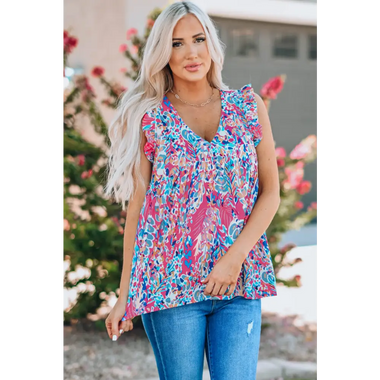 Boho Pattern Print Flounce V Neck Tank Top - Pink / S / 95% Polyester + 5% Elastane - Tops/Tank Tops