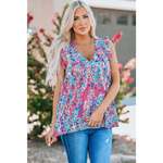 Boho Pattern Print Flounce V Neck Tank Top - Pink / S / 95% Polyester + 5% Elastane - Tops/Tank Tops