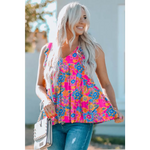 Boho Pattern Print Flounce V Neck Tank Top - Rose Red / S / 95% Polyester + 5% Elastane - Tops/Tank Tops