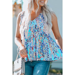 Boho Pattern Print Flounce V Neck Tank Top - Sky Blue / S / 95% Polyester + 5% Elastane - Tops/Tank Tops