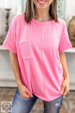 Bonbon Corded Patchwork Pocketed Plus Size T Shirt - Bonbon / 1X / 62% Polyester + 32% Cotton + 6% Elastane - Plus