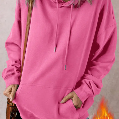 Bonbon Fleece Lined Kangaroo Pocket Drawstring Chunky Hoodie - Bonbon / S / 50% Polyester + 50% Cotton