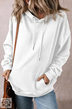 Bonbon Fleece Lined Kangaroo Pocket Drawstring Chunky Hoodie - White / S / 50% Polyester + 50% Cotton