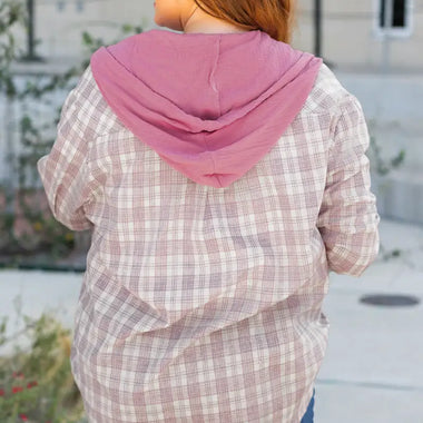 Bonbon Plaid Print Drawstring Hooded Button-up Plus Size Shirt - Plus Size/Plus Size Tops/Plus Size Blouses & Shirts