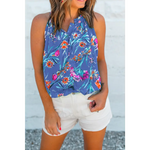 Bright Green Floral Print Buttoned Neckline Tank Top - Sky Blue / S / 100% Polyester - Tops/Tank Tops