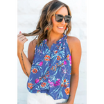 Bright Green Floral Print Buttoned Neckline Tank Top - Tops/Tank Tops