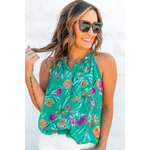 Bright Green Floral Print Buttoned Neckline Tank Top - Tops/Tank Tops