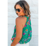 Bright Green Floral Print Buttoned Neckline Tank Top - Tops/Tank Tops