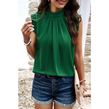 Emerald green sleeveless blouse with pleated neckline, available in various sizes bust hem