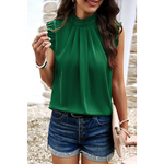 Emerald green sleeveless blouse with pleated neckline, available in various sizes bust hem