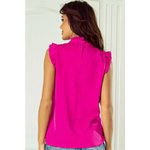 Hot pink sleeveless blouse with ruffled shoulders in sizes bust hem for a chic look