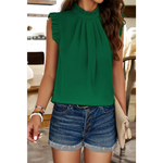 Emerald Green Sleeveless Blouse with Ruffle Detail and Pleated Neckline in Sizes Bust Hem