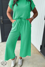 Bright Green Solid Corded Knit T Shirt and Wide Leg Pants Set in a stylish pleated design