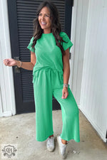 Bright Green Solid Corded Knit Short Sleeve T Shirt and Wide Leg Pants Set in a stylish pleated design