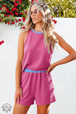 Pink ribbed sleeveless romper with blue trim in Bright Pink Corded Contrast Trim Set, sizes Euro sizes