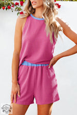 Pink Striped Sleeveless Romper with Blue Trim in Bright Pink Corded Contrast Trim Set