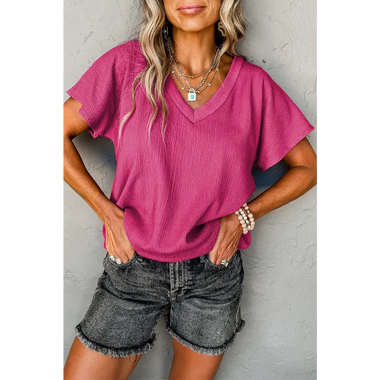 Bright Pink Crinkled V Neck Wide Sleeve T-shirt - Bright Pink / S / 97% Polyester + 3% Elastane - Tops/Tops & Tees