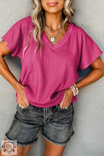 Bright Pink Crinkled V Neck Wide Sleeve T-shirt - Bright Pink / S / 97% Polyester + 3% Elastane - Tops/Tops & Tees