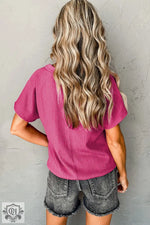 Bright Pink Crinkled V Neck Wide Sleeve T-shirt - Tops/Tops & Tees