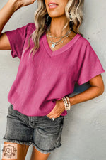 Bright Pink Crinkled V Neck Wide Sleeve T-shirt - Tops/Tops & Tees