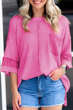 Bright Pink Oversized Mineral Wash Textured Bracelet Sleeve Top with denim shorts, sizes available