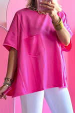 Bright Pink Patched Pocket Exposed Seam Oversize T-shirt in various sizes for relaxed wear