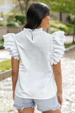 White ruffled blouse with wing-like shoulders in Bright Pink Solid Color, sizes available