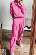 Bright Pink Solid Seamed Zipper Jacket and Drawstring Waist Pants Set - Bright Pink / S / 50% Polyester + 50% Cotton