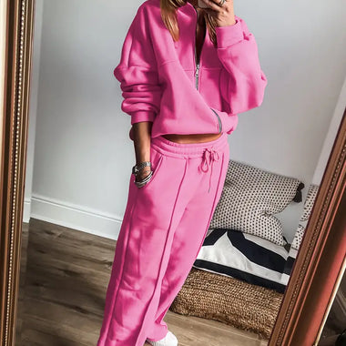 Bright Pink Solid Seamed Zipper Jacket and Drawstring Waist Pants Set - Two Piece Sets/Pant Sets