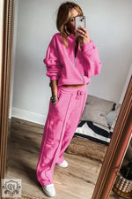 Bright Pink Solid Seamed Zipper Jacket and Drawstring Waist Pants Set - Two Piece Sets/Pant Sets