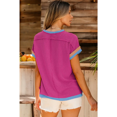 Bright Pink Textured Contrast Trim Round Neck T Shirt - Tops/Tops & Tees