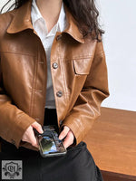 Brown Faux Leather Short Jacket - QH Clothing