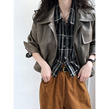 Brown Faux Leather Short Jacket - QH Clothing