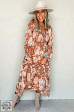 Brown Floral Print Shirred Square Neck High Waist Maxi Dress - Dresses/Maxi Dresses