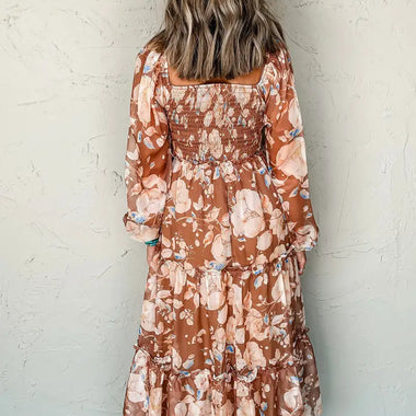 Brown Floral Print Shirred Square Neck High Waist Maxi Dress - Dresses/Maxi Dresses