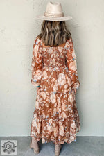 Brown Floral Print Shirred Square Neck High Waist Maxi Dress - Dresses/Maxi Dresses