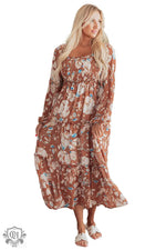 Brown Floral Print Shirred Square Neck High Waist Maxi Dress - Dresses/Maxi Dresses