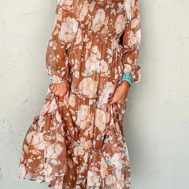 Brown Floral Print Shirred Square Neck High Waist Maxi Dress - Brown / S / 100% Polyester - Dresses/Maxi Dresses