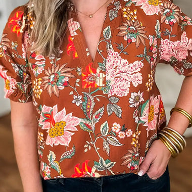 Brown Floral Stitched V Neck Frilled Trim Puff Short Sleeve Blouse - Brown / 1X / 100% Polyester - Plus Size/Plus Size